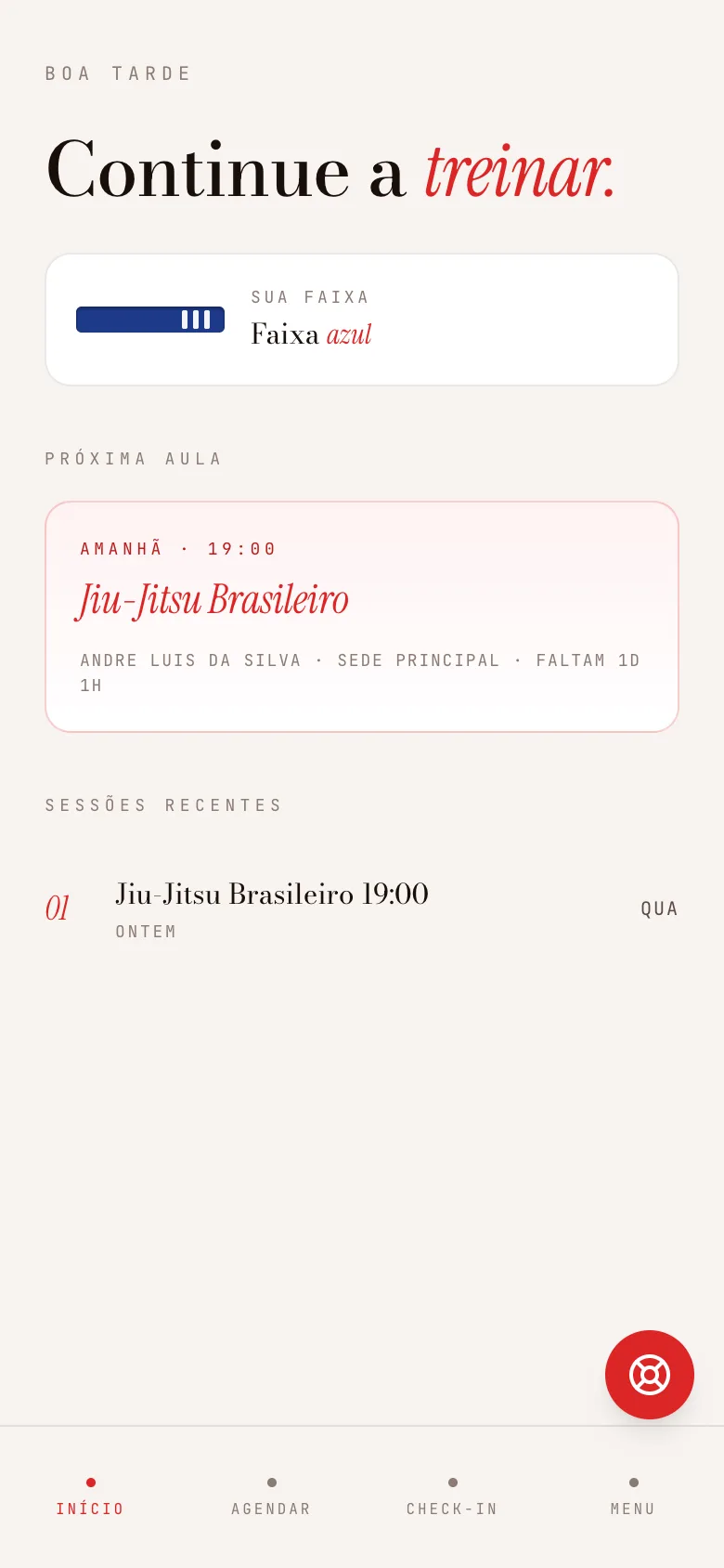 Tela Meu Treino do app do aluno: presença, progresso de graduação e mensalidade